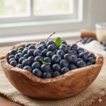 Et nydelig dekket bord hvor et stykke blåbærpai med vaniljekrem serveres med en kule vaniljeis