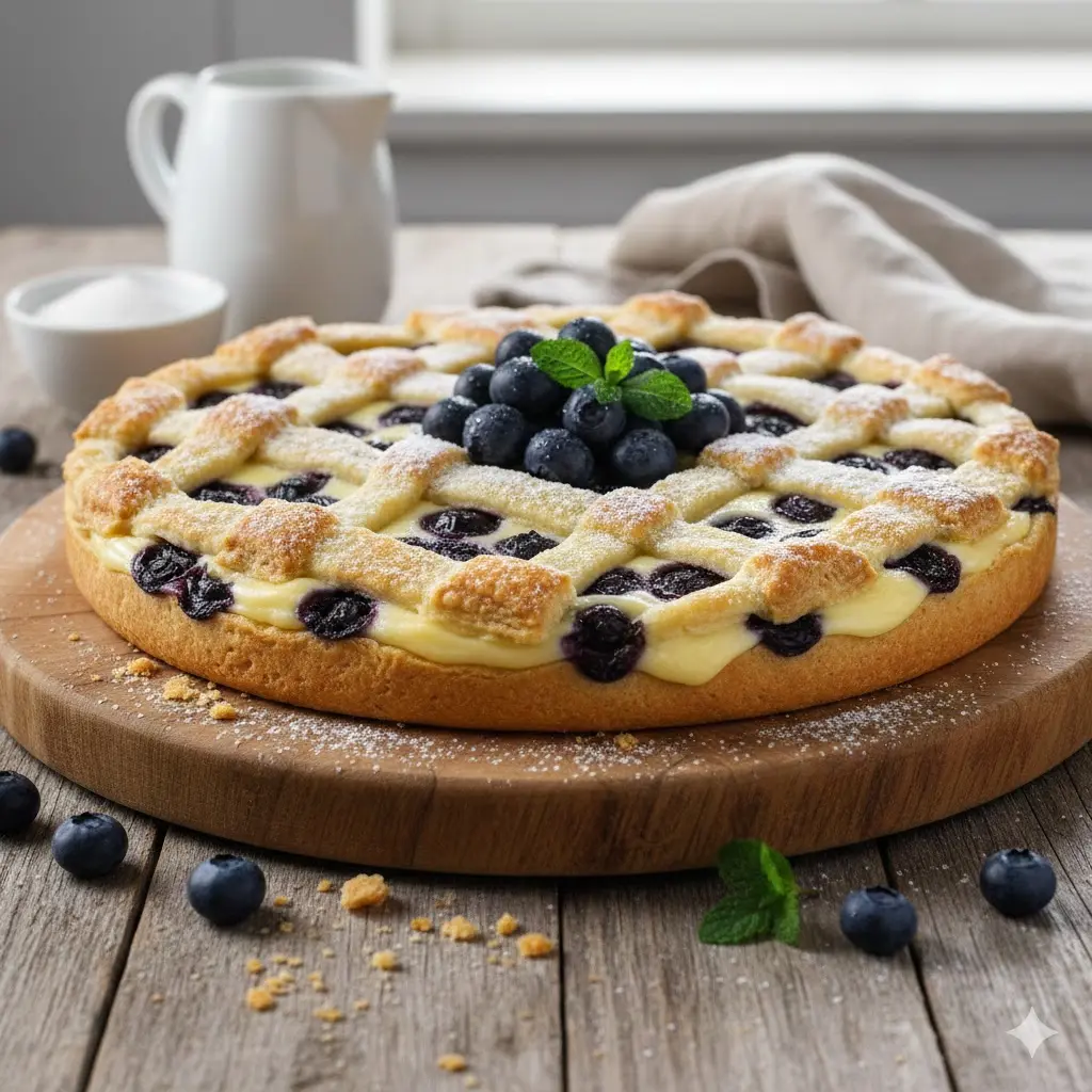 Et vakkert bilde av en gyllenstekt blåbærpai med vaniljekrem, drysset med melis og pyntet med friske bær.
