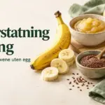 Banan, eplemos, linfrø og pisket aquafaba som alternativer til egg i baking, med teksten «Egg-erstatning i baking – De beste alternativene uten egg».