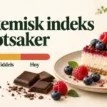 Kakestykke med bær og mørk sjokolade ved siden av teksten «Glykemisk indeks og søtsaker» og en fargeskala merket lav, middels og høy.