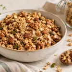 En skål med gyllen hjemmelaget granola av havre, mandler, valnøtter og gresskarkjerner, med en treskje og et oppbevaringsglass ved siden av.
