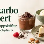 Sjokolademousse, ostekake med bringebær og vaniljeis ved siden av teksten «Lavkarbo dessert – 10 enkle oppskrifter med lite karbohydrater».