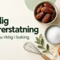 Dadler, honning og erytritol ved siden av muffins og en visp, med teksten «Naturlig sukkererstatning – Slik velger du riktig i baking».