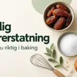 Dadler, honning og erytritol ved siden av muffins og en visp, med teksten «Naturlig sukkererstatning – Slik velger du riktig i baking».