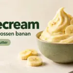 Kremet nicecream med bananskiver i en grønn skål, med teksten «Nicecream – Softis av frossen banan – Klar på 5 minutter».