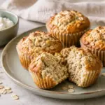 Gylne proteinmuffins med havre på en tallerken, én delt i to for å vise den saftige innsiden, med banan og cottage cheese ved siden av.