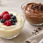 To glasskåler med kremet proteinpudding, én med vanilje og friske bær og én med sjokolade og sjokoladeflak.