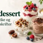 Fem skyrdesserter med bær, banan, kakao og dadler, med teksten «Skyr dessert – 5 proteinrike og raske oppskrifter».
