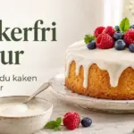 Kake med hvit sukkerfri glasur, bringebær og blåbær ved siden av en skål med glasur og teksten «Sukkerfri glasur – Slik pynter du kaken uten sukker».
