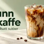 Et glass iskaffe med melk og isbiter ved siden av en melkekanne og kaffebønner, med teksten «Sunn iskaffe – Uten tilsatt sukker».