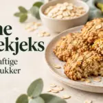 Gylne havrekjeks på en tallerken, med en delt kjeks som viser den myke innsiden, havregryn og banan ved siden av teksten «Sunne havrekjeks – Enkle og saftige uten mye sukker».