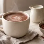 En kopp kremet, varm kakao med lett melkeskum og damp, ved siden av en skål kakaopulver og en liten mugge melk.